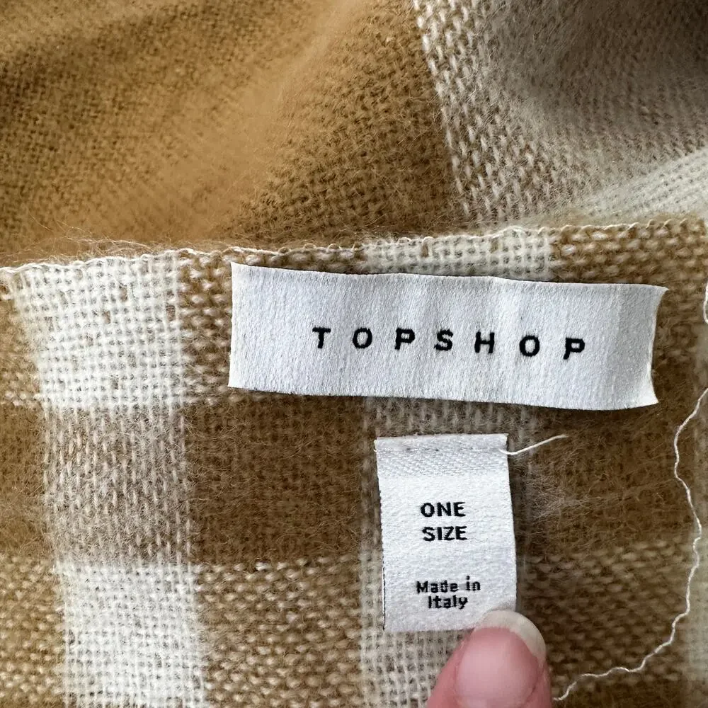 Topshop Cute Fringe Reversible Two Sided Gingham Plaid Scarf Tan Beige White NEW